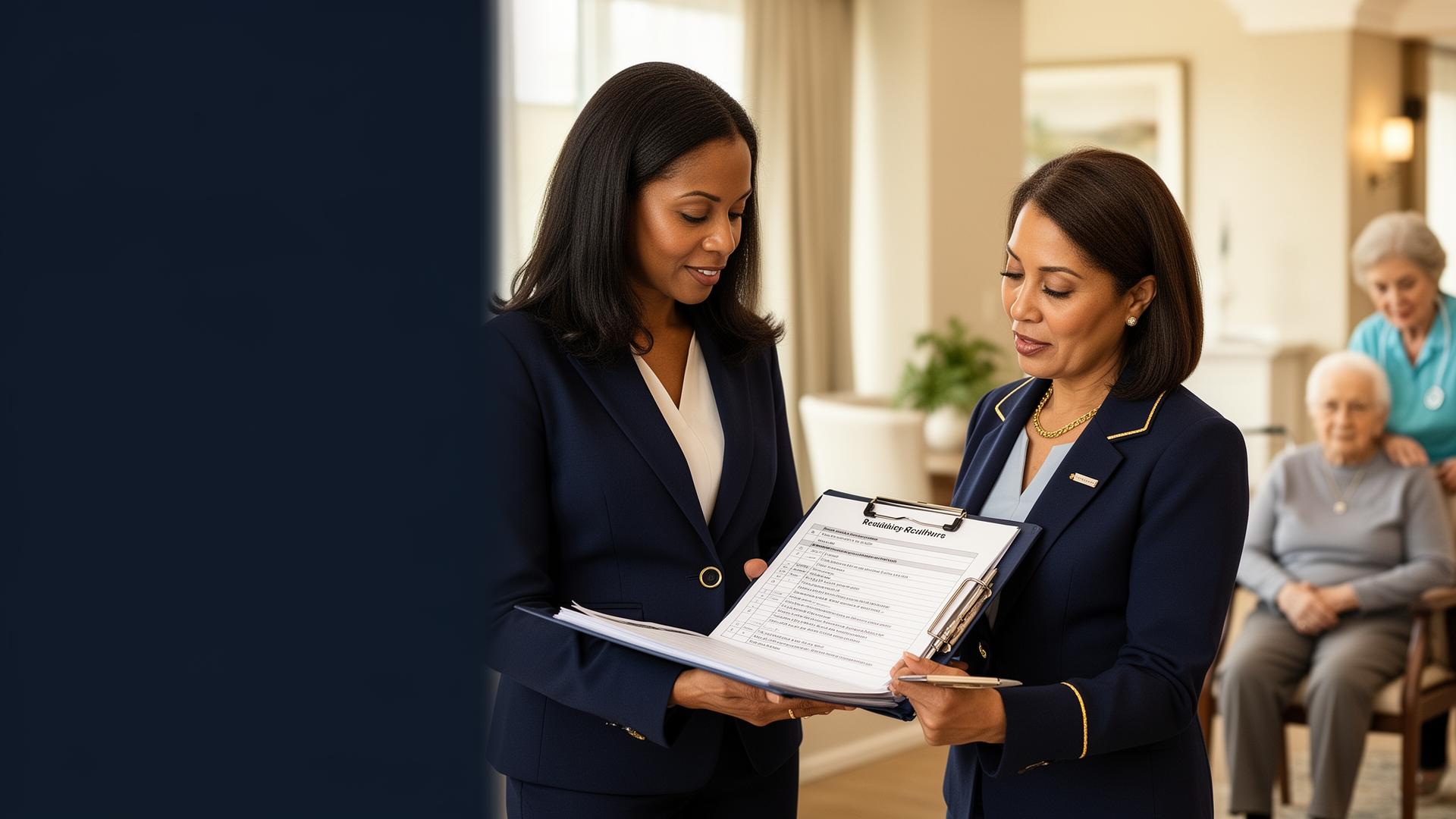 Compliance specialists reviewing assisted living regulatory documentation